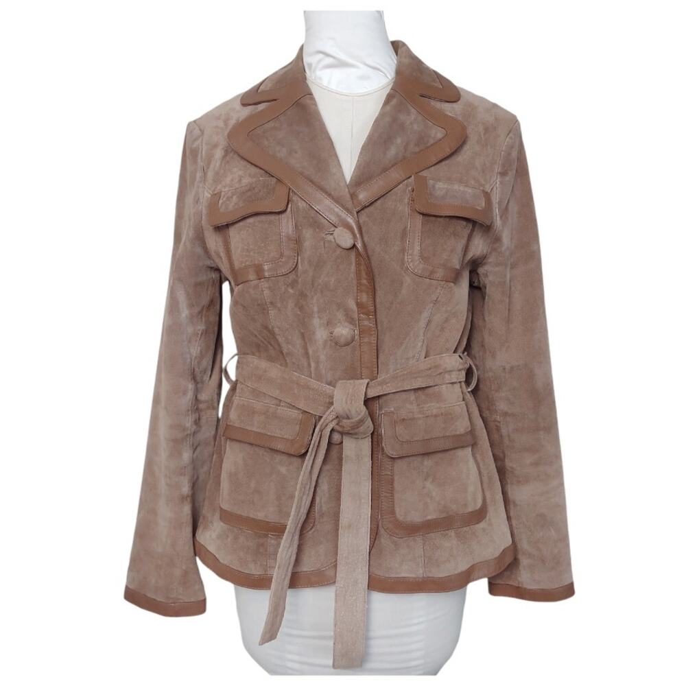 NEXT LEATHER Vintage Brown Suede Leather Jacket Size 12 Belt Pockets Tan Utility